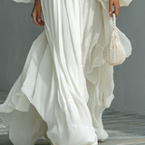 Vestido Maxy Plisado con Mangas de Linterna y Cuello de Solapa