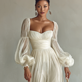 Vestido Maxi de Chifón para Mujer con Escote Cuadrado y Mangas Largas