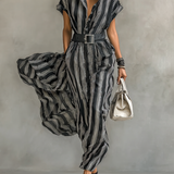 Vestido Maxy Chiffon Impreso a Rayas con Cuello y Mangas Cortas para Mujer con Cintura