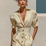 Vestido Midi a Rayas con Cuello y Mangas Cortas