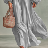 Vestido Maxi de Chiffon Plisado para Mujer con Mangas Largas y Volantes