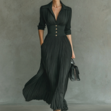 Vestido Maxi Largo de Manga Larga con Cuello de Solapa y Pliegues