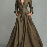 Vestido Maxi Vintage en Algodón y Lino para Mujer con Diseño de Camisa