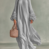 Vestido Maxi de Chiffon Plisado para Mujer con Mangas Largas y Volantes