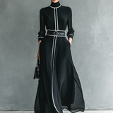 Vestido Maxi de Chifón con Cuello Alto y Mangas Largas para Mujer con Bordo Blanco