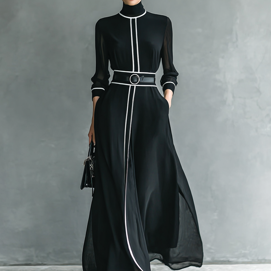 Vestido Maxi de Chifón con Cuello Alto y Mangas Largas para Mujer con Bordo Blanco