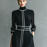 Vestido Maxi de Chifón con Cuello Alto y Mangas Largas para Mujer con Bordo Blanco