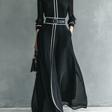 Vestido Maxi de Chifón con Cuello Alto y Mangas Largas para Mujer con Bordo Blanco