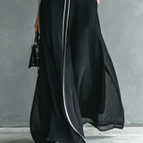 Vestido Maxi de Chifón con Cuello Alto y Mangas Largas para Mujer con Bordo Blanco