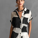 Vestido Camisa Maxi en Chiffon para Mujer con Estampado Geométrico Irregular y Cuello de Solapa, Mangas Cortas, Botón Único