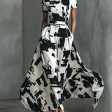 Vestido Maxi de Manga Corta con Estampado Abstracto