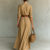 Vestido Maxi Largo con Cuello de Solapa y Cintura Incluida