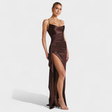 Helen - Vestido Largo Satén Cacao