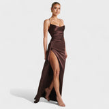 Helen - Vestido Largo Satén Cacao