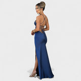 Elena – Vestido Satén Cruzado Azul Medianoche
