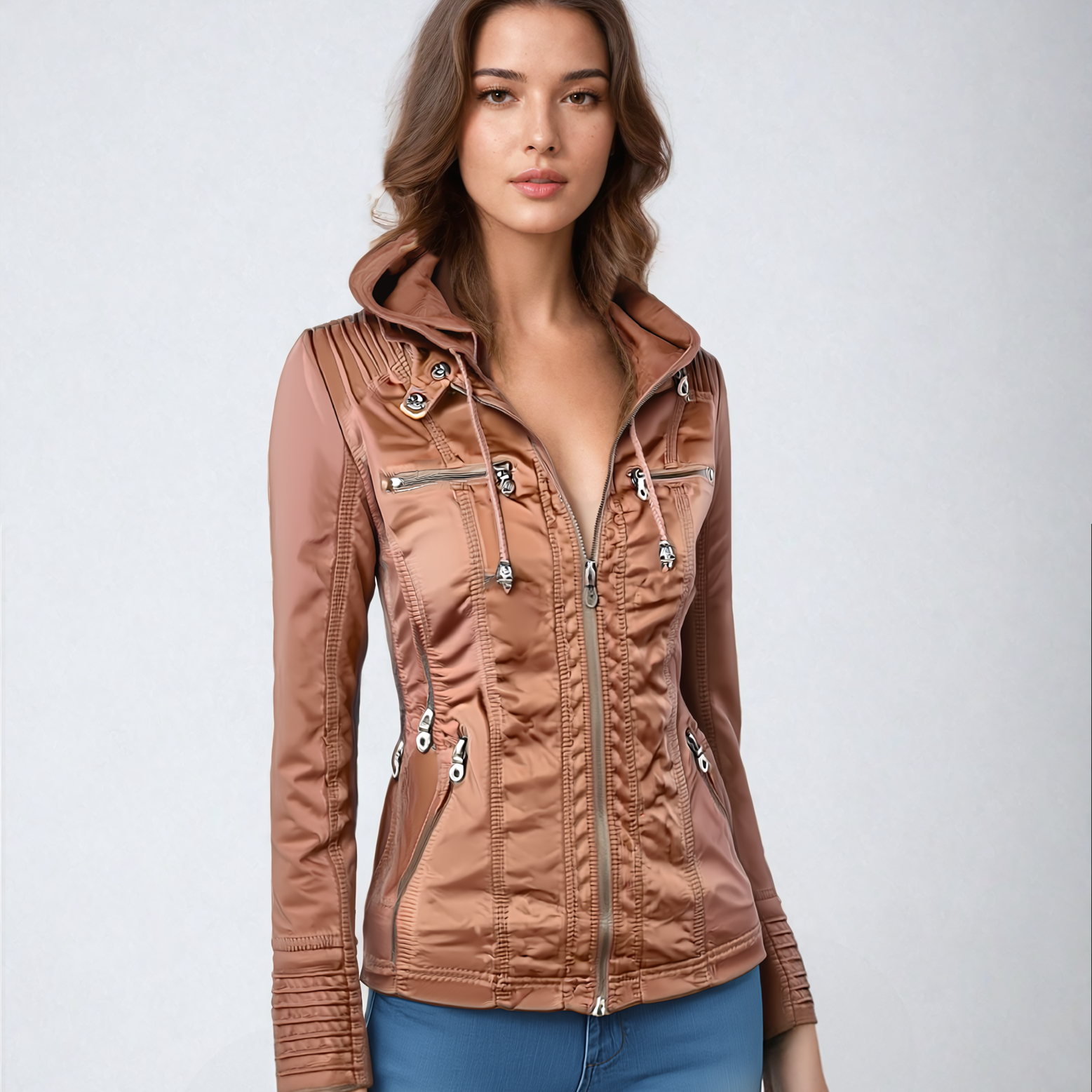 Chaqueta de cuero con capucha